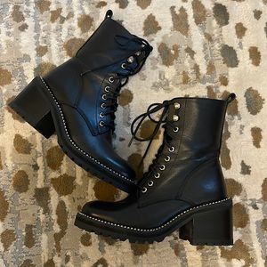 Aqua Women's Black Leather Ray Lace Up Block Heel Combat Boots Size 7
